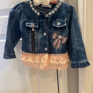 Girls Denim Jacket with Pink Lace Trim and Bow Embroidery